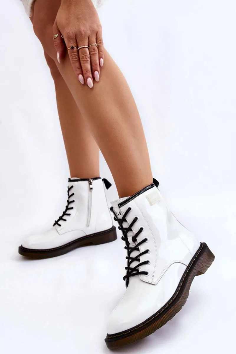 Hot Damskie Lakierowane Botki Ocieplane II2N4051 Białe Damskie Botki Sznurowane|Botki Płaskie