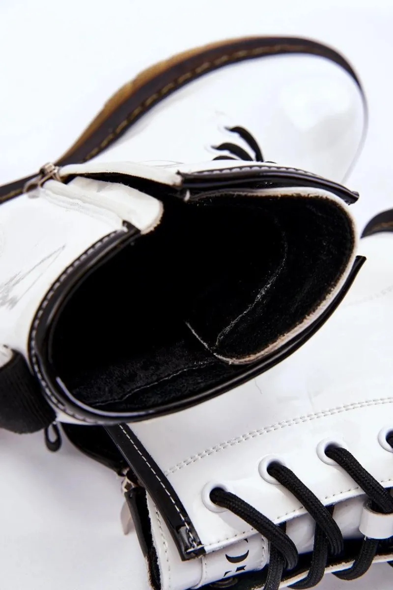 Hot Damskie Lakierowane Botki Ocieplane II2N4051 Białe Damskie Botki Sznurowane|Botki Płaskie