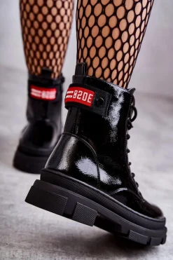 Sale Damskie buty S.Barski Damskie Lakierowane Botki Workery Sznurowane Czarne Conny