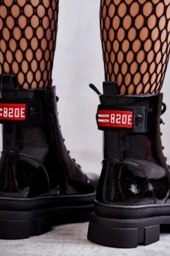 Sale Damskie buty S.Barski Damskie Lakierowane Botki Workery Sznurowane Czarne Conny