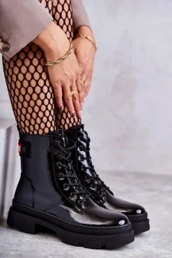 Sale Damskie buty S.Barski Damskie Lakierowane Botki Workery Sznurowane Czarne Conny