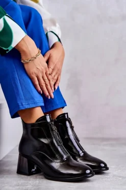 Damskie Lakierowane Botki Z Suwakami Czarne Cristel Damskie Botki Na Słupku|Czarne Botki