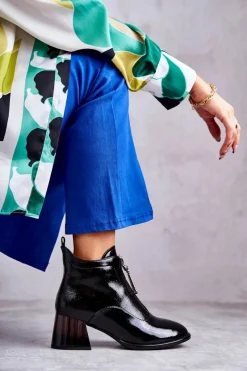 Damskie Lakierowane Botki Z Suwakami Czarne Cristel Damskie Botki Na Słupku|Czarne Botki