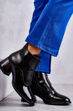 Damskie Lakierowane Botki Z Suwakami Czarne Cristel Damskie Botki Na Słupku|Czarne Botki