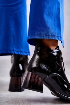 Damskie Lakierowane Botki Z Suwakami Czarne Cristel Damskie Botki Na Słupku|Czarne Botki