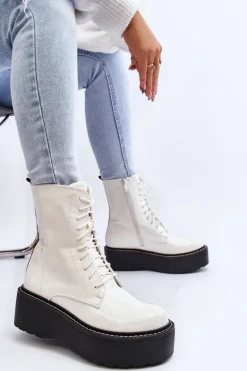 New Boto Damskie Lakierowane Botki Na Grubej Podeszwie Białe Movana