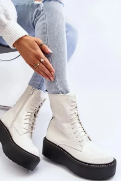 New Boto Damskie Lakierowane Botki Na Grubej Podeszwie Białe Movana