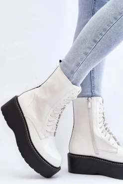 New Boto Damskie Lakierowane Botki Na Grubej Podeszwie Białe Movana