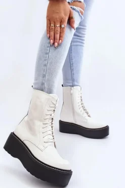 New Boto Damskie Lakierowane Botki Na Grubej Podeszwie Białe Movana