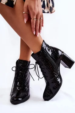 Clearance Boto Damskie Lakierowane Botki Na Słupku Czarne Carrice