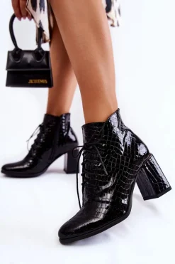 Clearance Boto Damskie Lakierowane Botki Na Słupku Czarne Carrice
