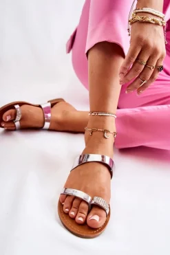 Boto Damskie Lakierowane Klapki Japonki Srebrne Jimena