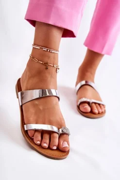 Boto Damskie Lakierowane Klapki Japonki Srebrne Jimena