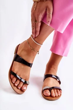 Online Damskie Lakierowane Klapki Japonki Czarne Jimena Damskie Klapki Damskie Japonki