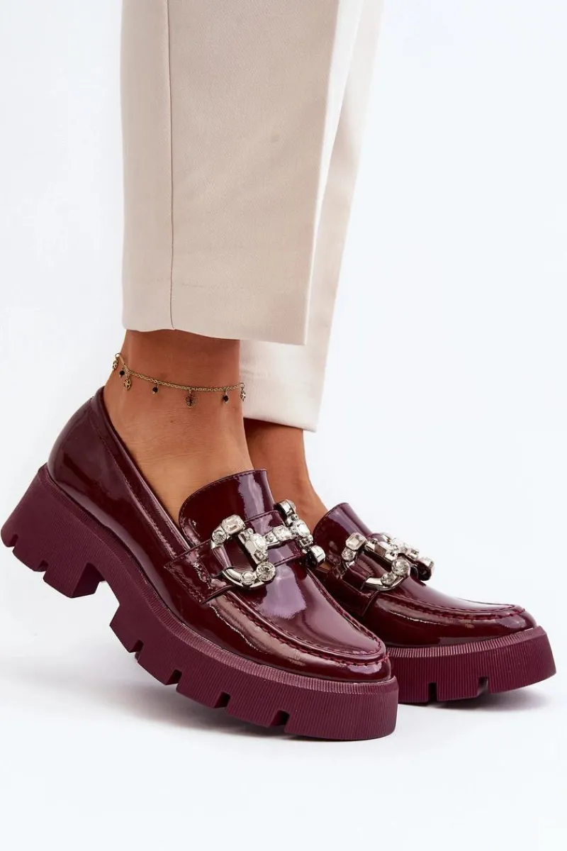 Boto Damskie Lakierowane Mokasyny Z Ozdobą Bordowe Arsaba