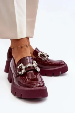 Boto Damskie Lakierowane Mokasyny Z Ozdobą Bordowe Arsaba