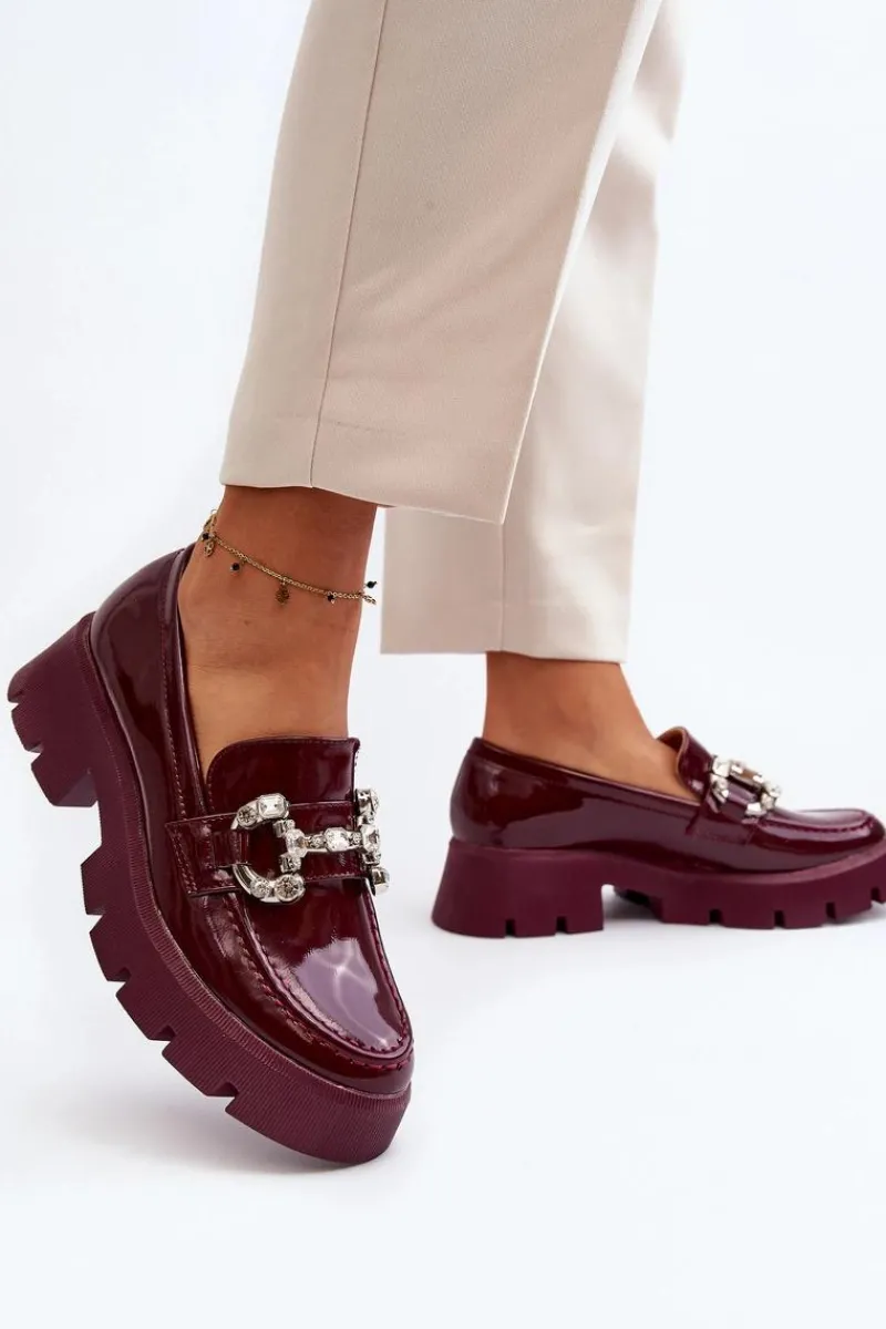 Boto Damskie Lakierowane Mokasyny Z Ozdobą Bordowe Arsaba