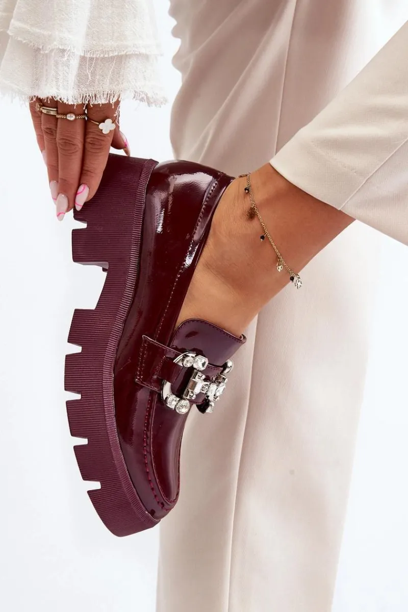 Boto Damskie Lakierowane Mokasyny Z Ozdobą Bordowe Arsaba