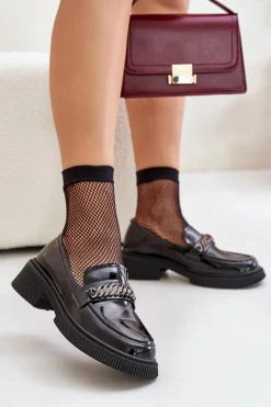 Hot Damskie buty S.Barski Damskie Lakierowane Mokasyny Loafersy Z Ozdobą D&A LZ42-030 Czarne