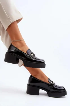 Discount Buty damskie Vinceza Damskie Lakierowane Mokasyny Na Masywnym Obcasie Czarne Ridulvi