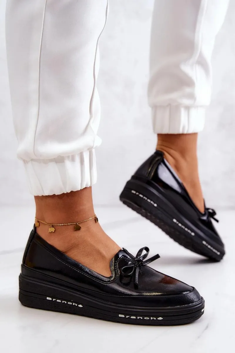 New Damskie Lakierowane Mokasyny Na Koturnie Czarne Frilly Damskie Mokasyny Damskie Lakierowane