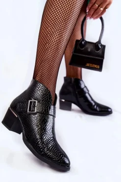 Czarne Botki|Botki Zimowe Damskie>Buty damskie Vinceza Damskie Lakierowane Ocieplane Botki Czarne Hege