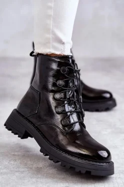 Czarne Botki|Botki Zimowe Damskie>Boto Damskie Lakierowane Ocieplane Botki Ze Ściągaczem Czarne Helia