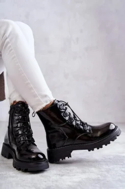 Czarne Botki|Botki Zimowe Damskie>Boto Damskie Lakierowane Ocieplane Botki Ze Ściągaczem Czarne Helia