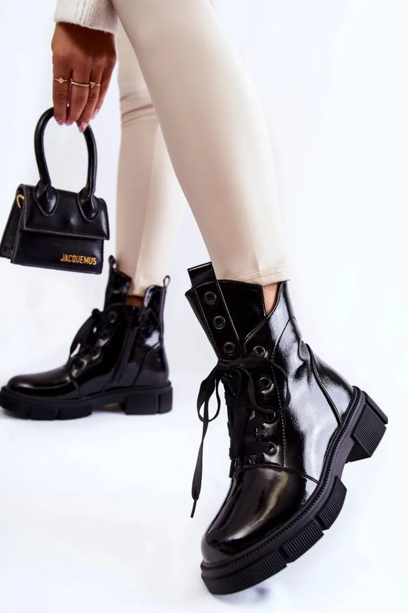 Best Damskie Lakierowane Ocieplane Botki Workery Czarne Efemia Damskie Botki Sznurowane|Czarne Botki