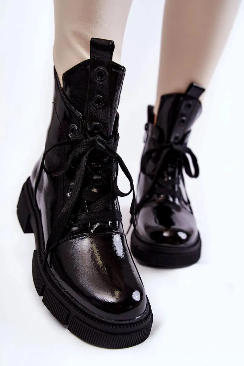 Best Damskie Lakierowane Ocieplane Botki Workery Czarne Efemia Damskie Botki Sznurowane|Czarne Botki