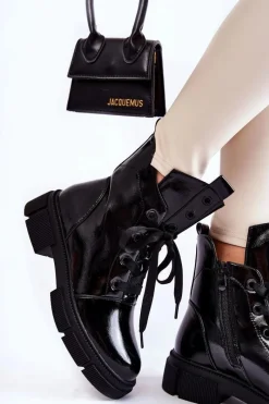 Best Damskie Lakierowane Ocieplane Botki Workery Czarne Efemia Damskie Botki Sznurowane|Czarne Botki