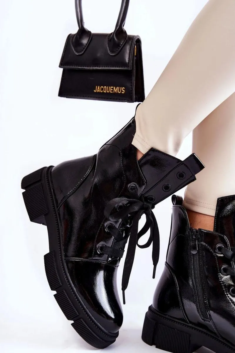 Best Damskie Lakierowane Ocieplane Botki Workery Czarne Efemia Damskie Botki Sznurowane|Czarne Botki