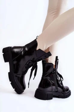 Best Damskie Lakierowane Ocieplane Botki Workery Czarne Efemia Damskie Botki Sznurowane|Czarne Botki