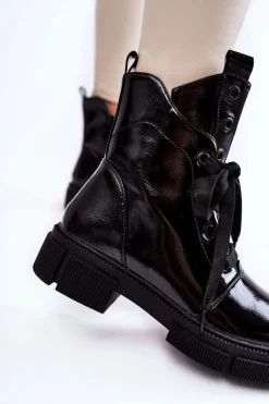 Best Damskie Lakierowane Ocieplane Botki Workery Czarne Efemia Damskie Botki Sznurowane|Czarne Botki