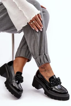 New Damskie Lakierowane Półbuty Z Ozdobą Czarne Renesma Damskie Mokasyny Damskie Lakierowane