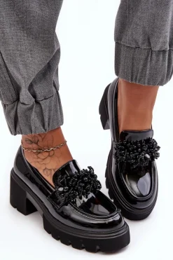 New Damskie Lakierowane Półbuty Z Ozdobą Czarne Renesma Damskie Mokasyny Damskie Lakierowane