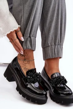 New Damskie Lakierowane Półbuty Z Ozdobą Czarne Renesma Damskie Mokasyny Damskie Lakierowane