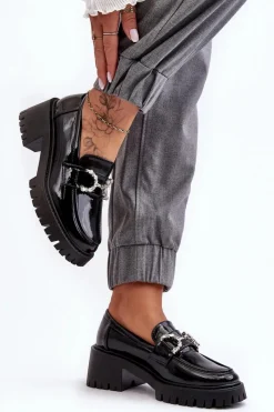 Hot Boto Damskie Lakierowane Półbuty Na Masywnym Obcasie Czarne Lemmitty