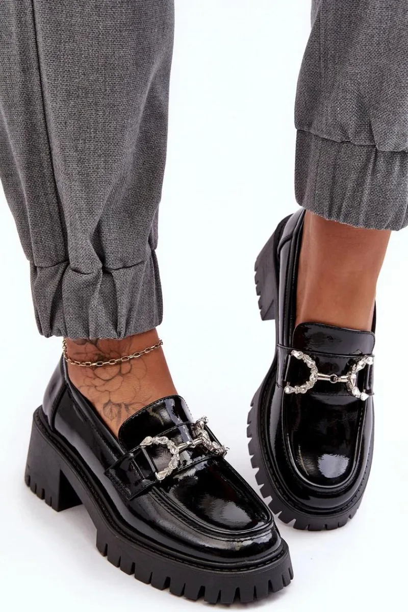 Hot Boto Damskie Lakierowane Półbuty Na Masywnym Obcasie Czarne Lemmitty