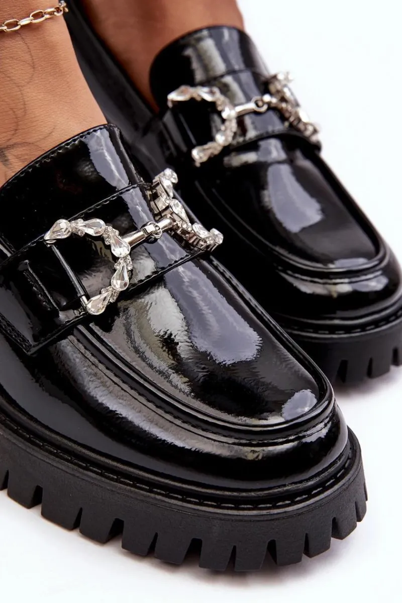 Hot Boto Damskie Lakierowane Półbuty Na Masywnym Obcasie Czarne Lemmitty