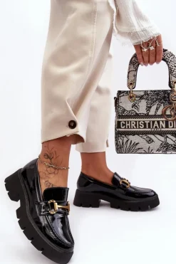 Sale Damskie Lakierowane Półbuty Loafery Z Ozdobą Czarne Peuria Damskie Mokasyny Damskie Lakierowane