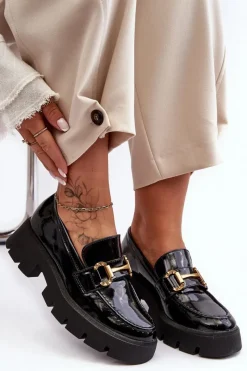 Sale Damskie Lakierowane Półbuty Loafery Z Ozdobą Czarne Peuria Damskie Mokasyny Damskie Lakierowane