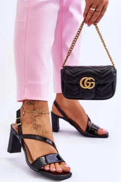 New Evento Damskie Lakierowane Sandały Na Słupku Czarne Carrie Czarny