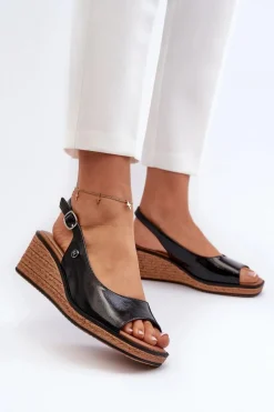 Sandały Na Koturnie>Buty Sergio Leone Damskie Lakierowane Sandały Na Koturnie Sergio Leone SK301 Czarne Czarny