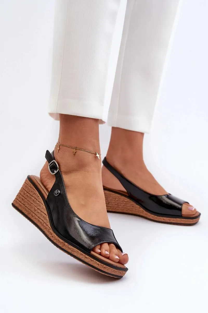 Sandały Na Koturnie>Buty Sergio Leone Damskie Lakierowane Sandały Na Koturnie Sergio Leone SK301 Czarne Czarny