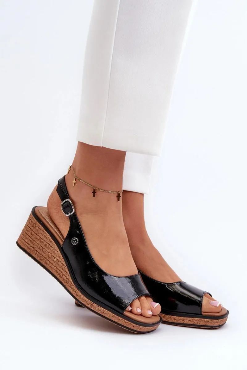 Sandały Na Koturnie>Buty Sergio Leone Damskie Lakierowane Sandały Na Koturnie Sergio Leone SK301 Czarne Czarny