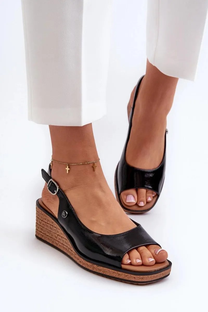 Sandały Na Koturnie>Buty Sergio Leone Damskie Lakierowane Sandały Na Koturnie Sergio Leone SK301 Czarne Czarny