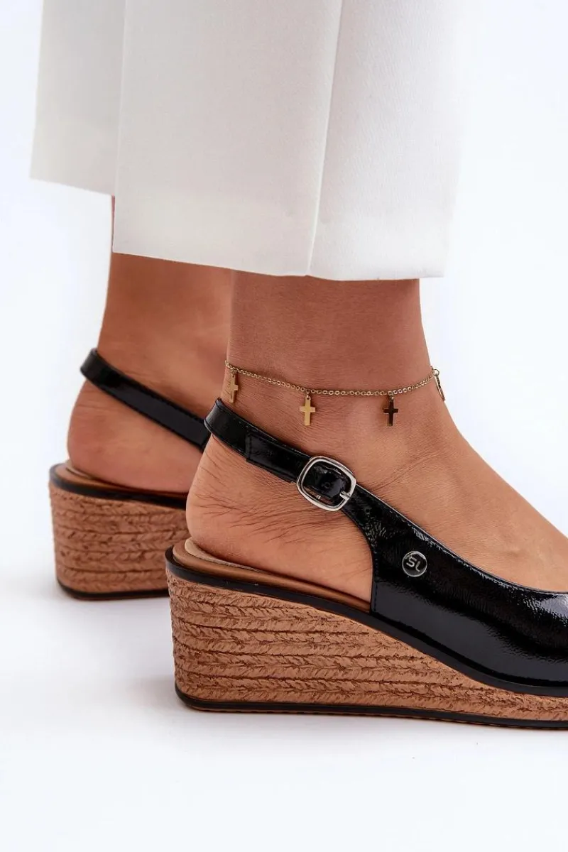 Sandały Na Koturnie>Buty Sergio Leone Damskie Lakierowane Sandały Na Koturnie Sergio Leone SK301 Czarne Czarny