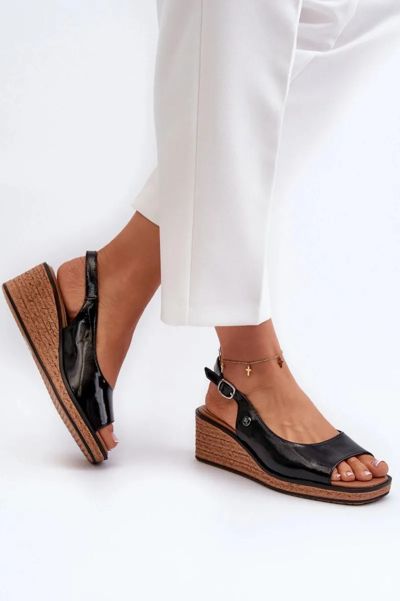 Sandały Na Koturnie>Buty Sergio Leone Damskie Lakierowane Sandały Na Koturnie Sergio Leone SK301 Czarne Czarny