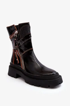 New Maciejka Damskie Lakierowane Skórzane Botki Z Suwakami 06238-18 Czarne